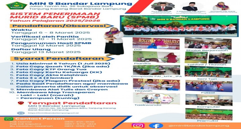 PPDB-M MIN 9 BANDARLAMPUNG Dibuka Mulai 6 Maret-8 Maret 2025