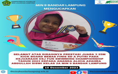Siswa MIN 9 Bandar Lampung  mendapatkan Juara 3 Renang 25 Meter Kick Board Bebas Finis SD A Putri Pada Kejuaraan CSJ Fun Swimming Championship Tahun 2023