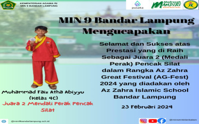 Muhammad Faiz Atha Abiyyu Siswa Kelas 4 E meraih Juara 2 Medali Perak kejuaraan Pencak Silat di Azzahra Great Festival 2024