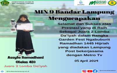 Asyifa Ramadhani meraih juara 2 Lomba Da'iyah dalam Rangka Garden Fest Ngabuburit Ramadhan 1445 H.